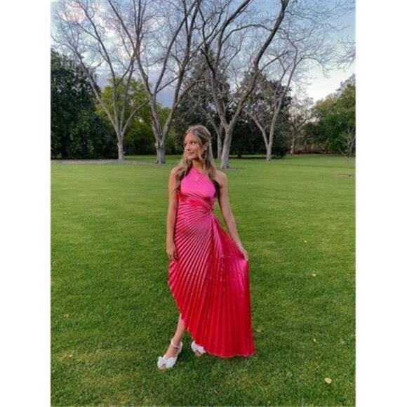 NEW - Elegant Asymmetrical Neck Asymmetrical Hem Satin Cocktail Fucsia Dress - Picture 8 of 8